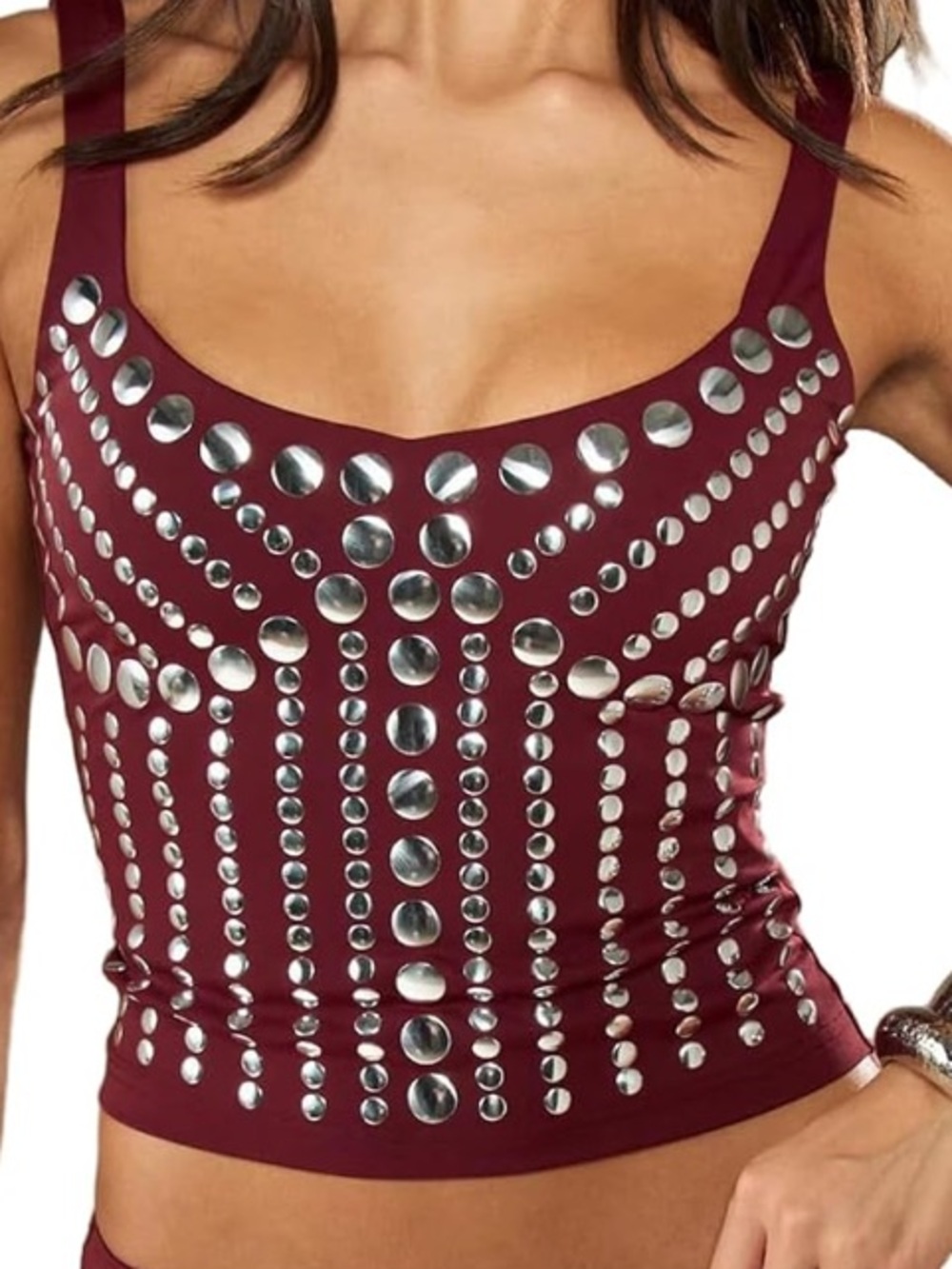 NWOT Women’s Studded Burgundy Crop Tank Top - Stylish Party Top L Z17